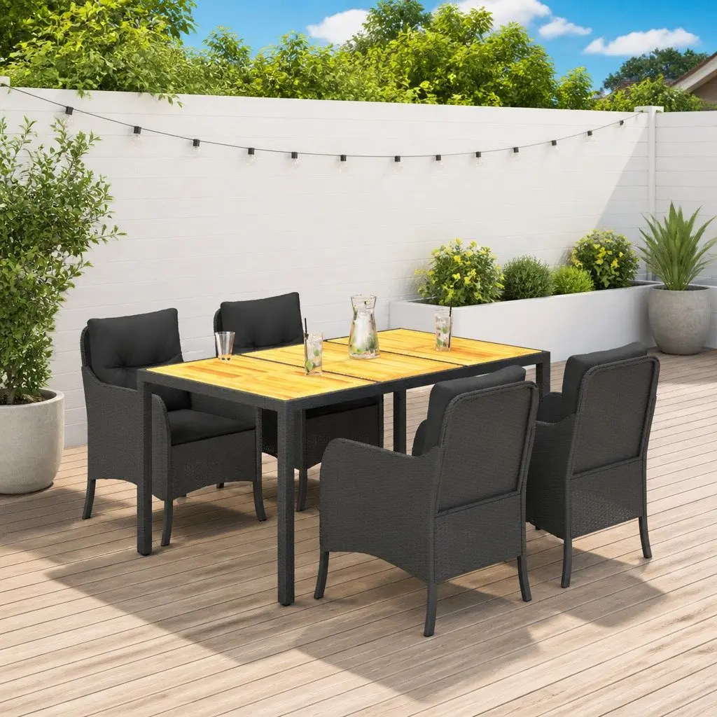 Garden Dining Set 5 Piece Outdoor Furniture Black Poly Rattan with Cushions
