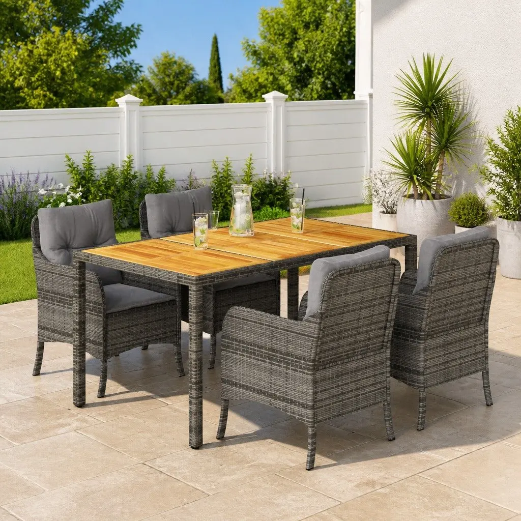 5 Piece Outdoor Dining Set Grey PE Rattan with Acacia Wood Tabletop and Cushions