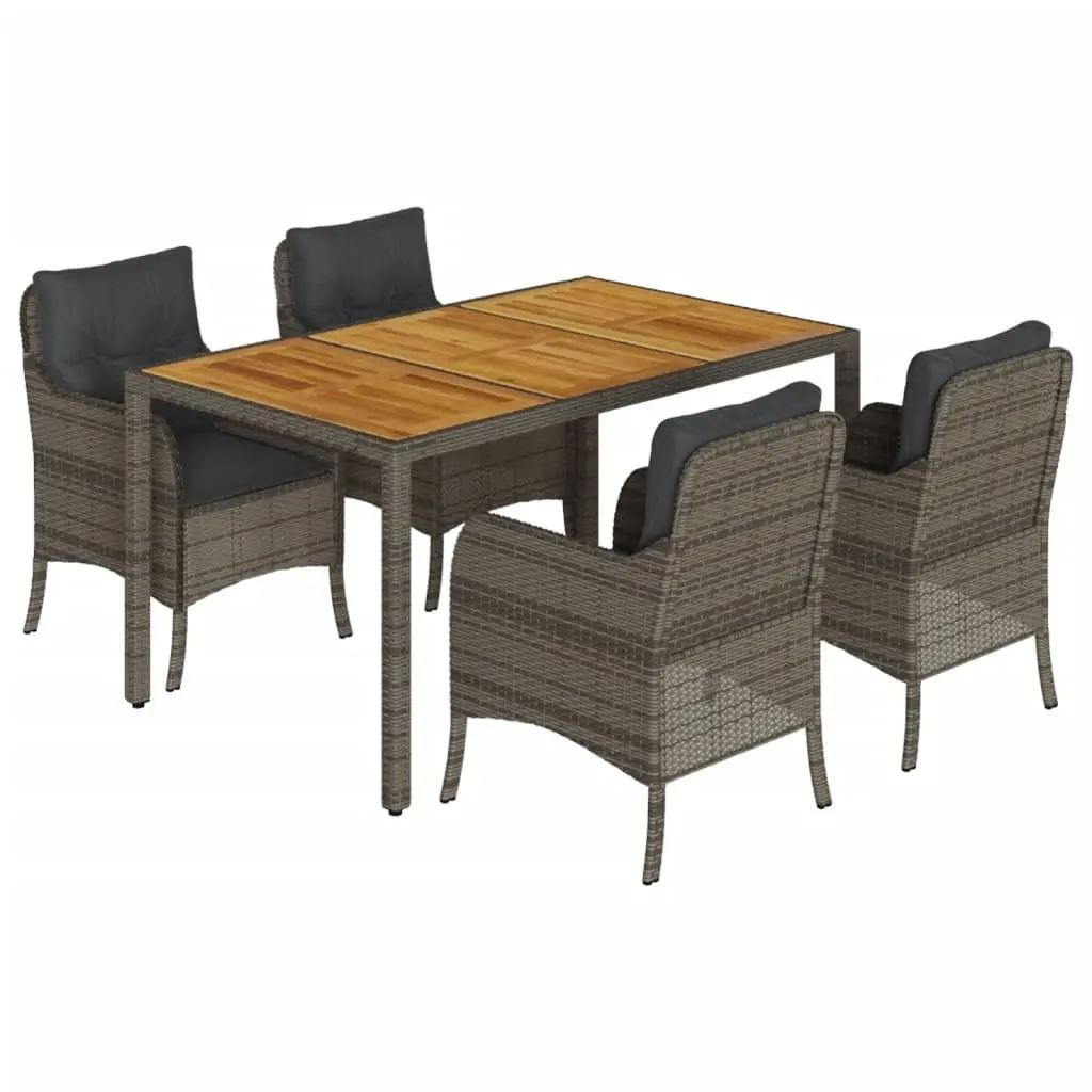 5 Piece Outdoor Dining Set Grey PE Rattan with Acacia Wood Tabletop and Cushions