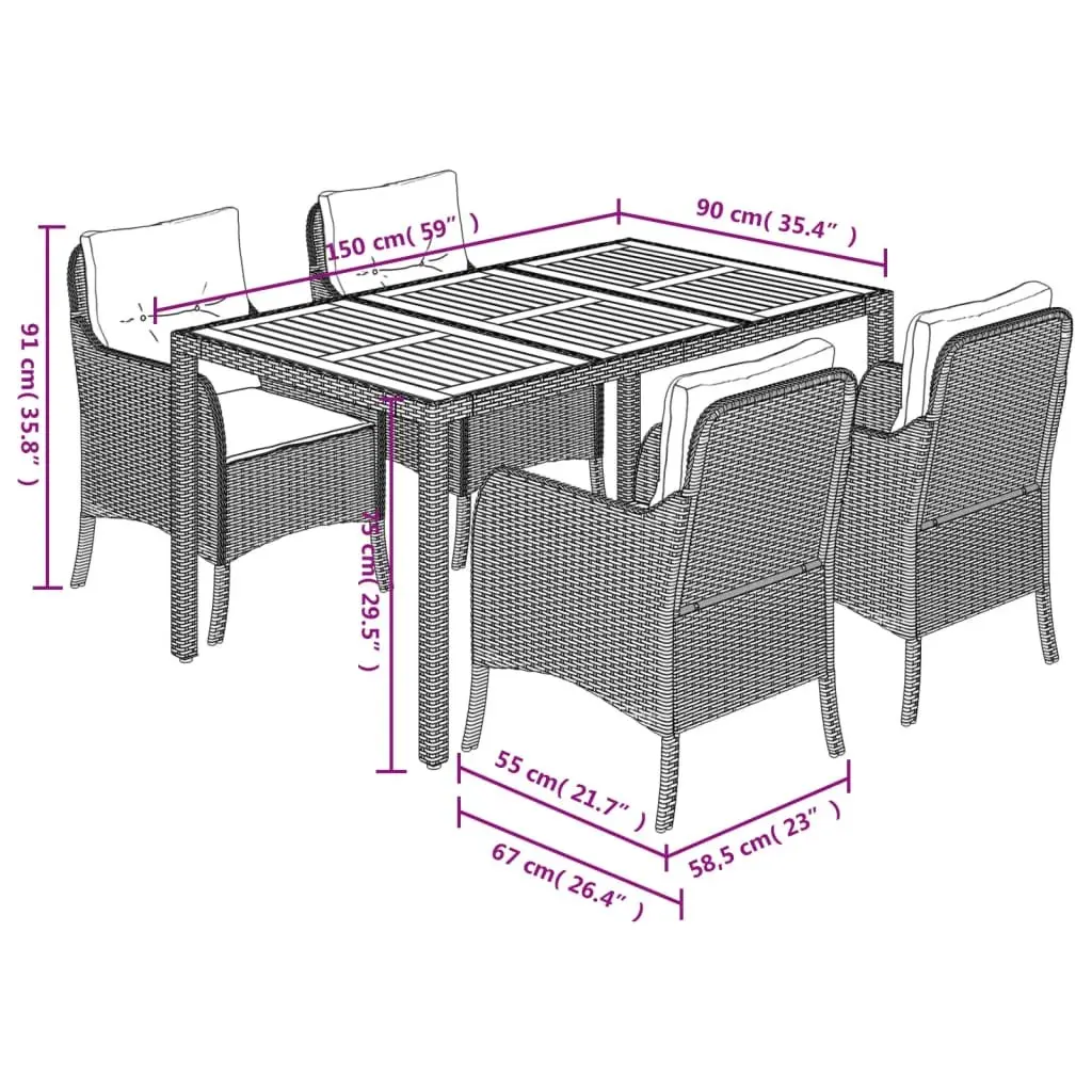 5 Piece Outdoor Dining Set Grey PE Rattan with Acacia Wood Tabletop and Cushions