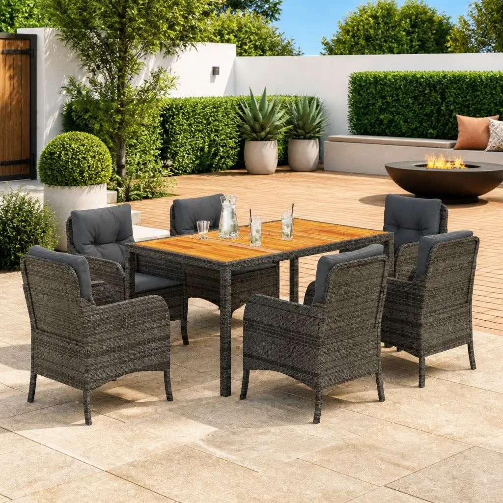 7 Piece Grey Poly Rattan Garden Dining Set