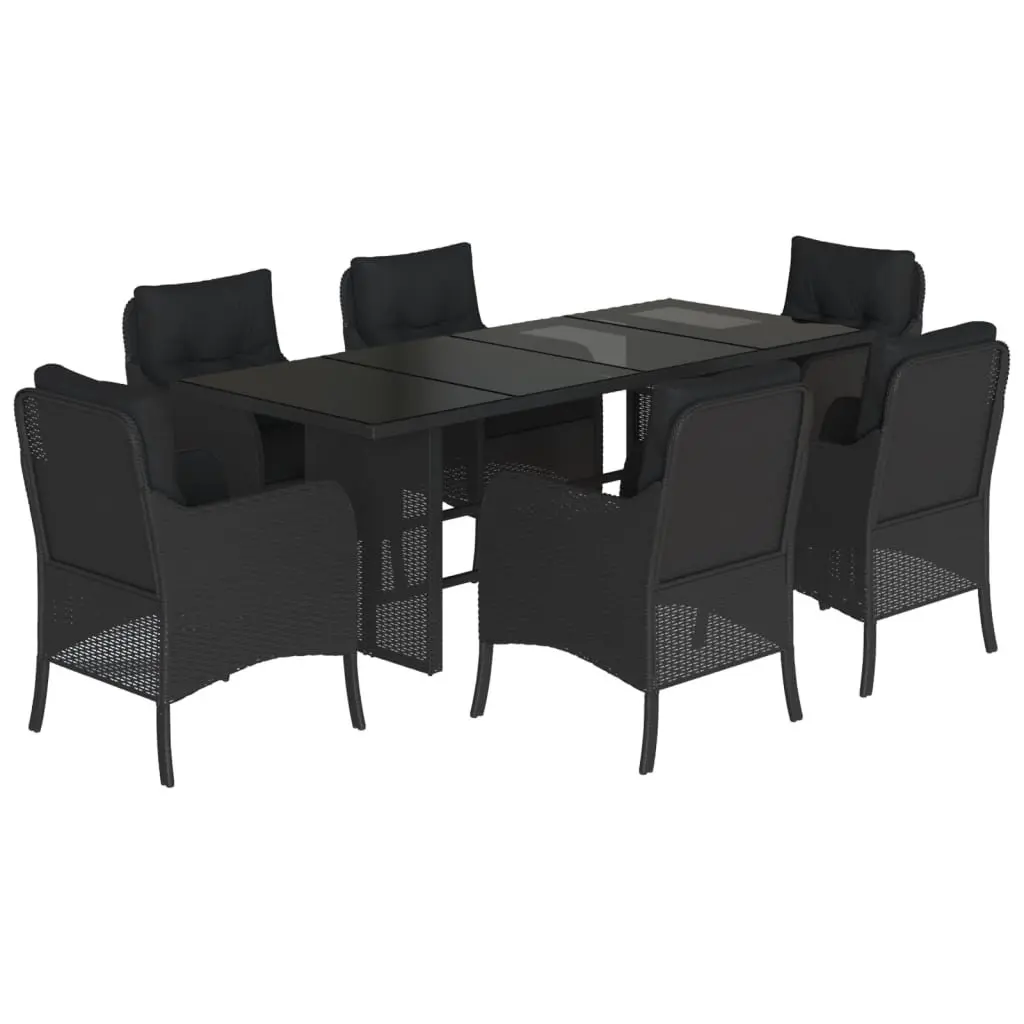 7 Piece Outdoor Dining Set PE Rattan Black with Tempered Glass Tabletop and Cushions
