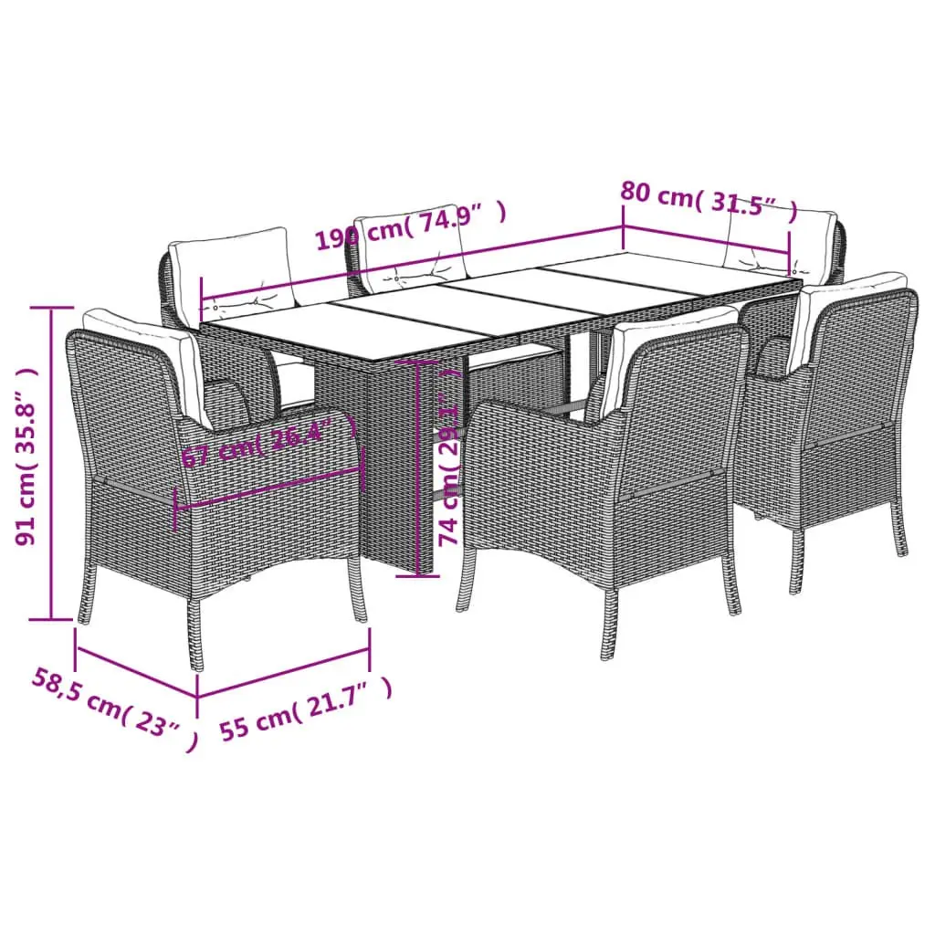 7 Piece Outdoor Dining Set PE Rattan Black with Tempered Glass Tabletop and Cushions