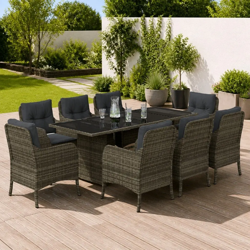 Outdoor Dining Set Grey PE Rattan 9 Piece Patio Furniture with Cushions and Tempered Glass Table