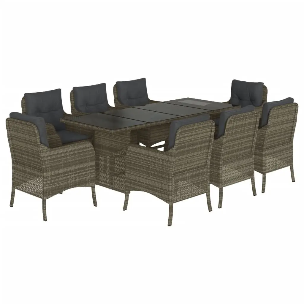 Outdoor Dining Set Grey PE Rattan 9 Piece Patio Furniture with Cushions and Tempered Glass Table