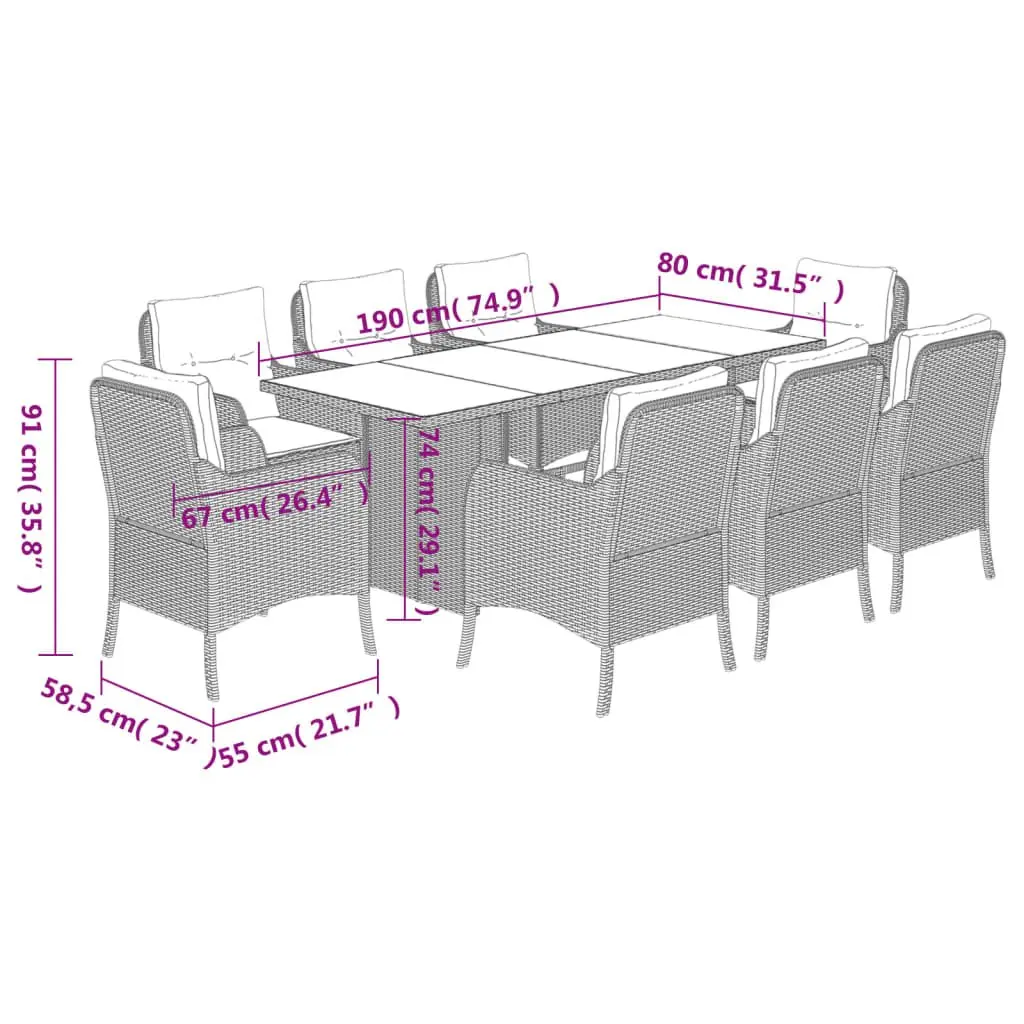 Outdoor Dining Set Grey PE Rattan 9 Piece Patio Furniture with Cushions and Tempered Glass Table