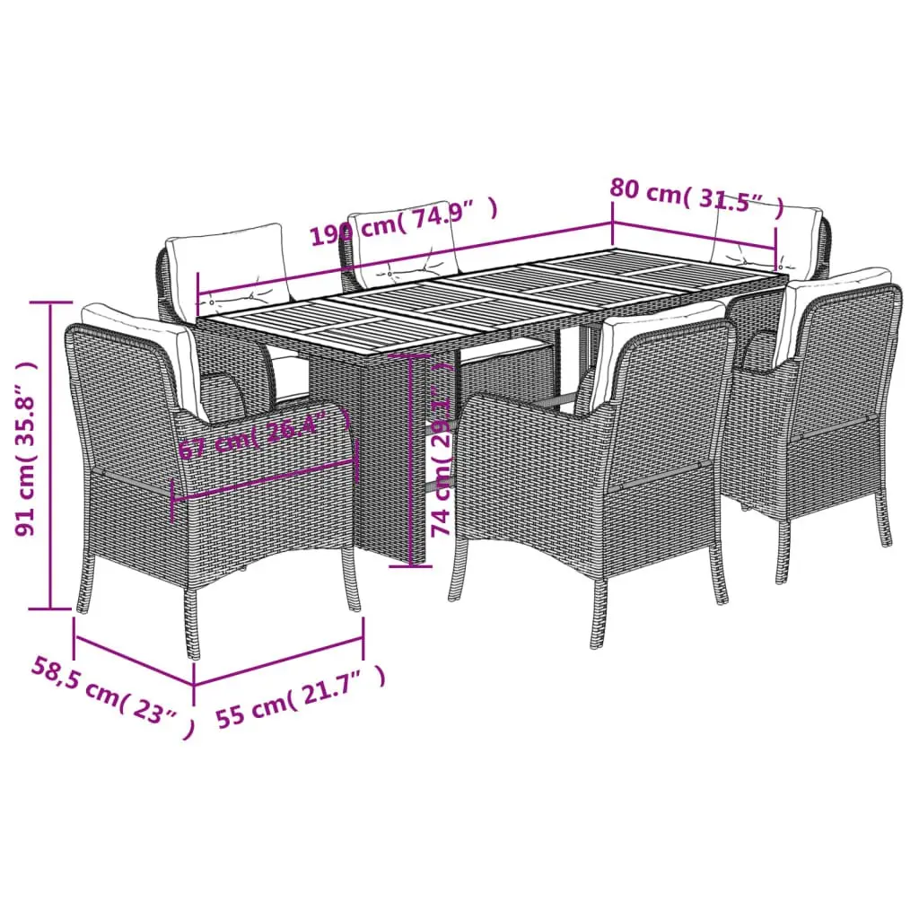 Outdoor Dining Set 7 Piece Garden Furniture Black Poly Rattan Patio Table Chairs