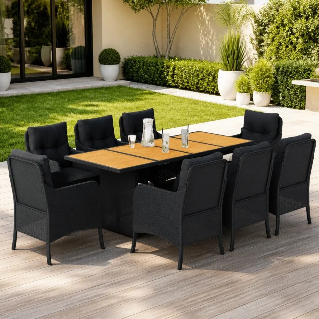 Garden Dining Set 9 Piece Outdoor Furniture Black Poly Rattan With Cushions
