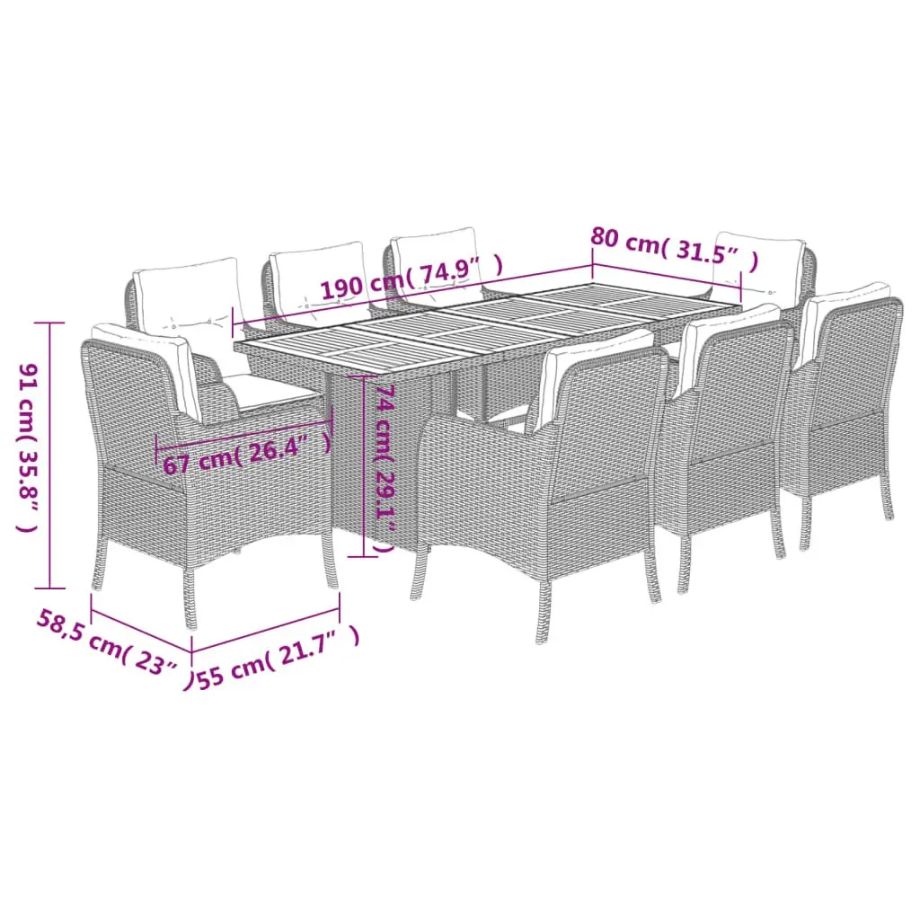 Garden Dining Set 9 Piece Outdoor Furniture Black Poly Rattan With Cushions