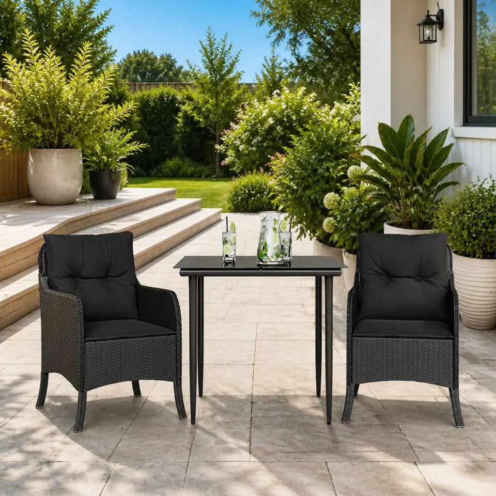 3 Piece Garden Dining Set Black PE Rattan with Cushions Outdoor Furniture