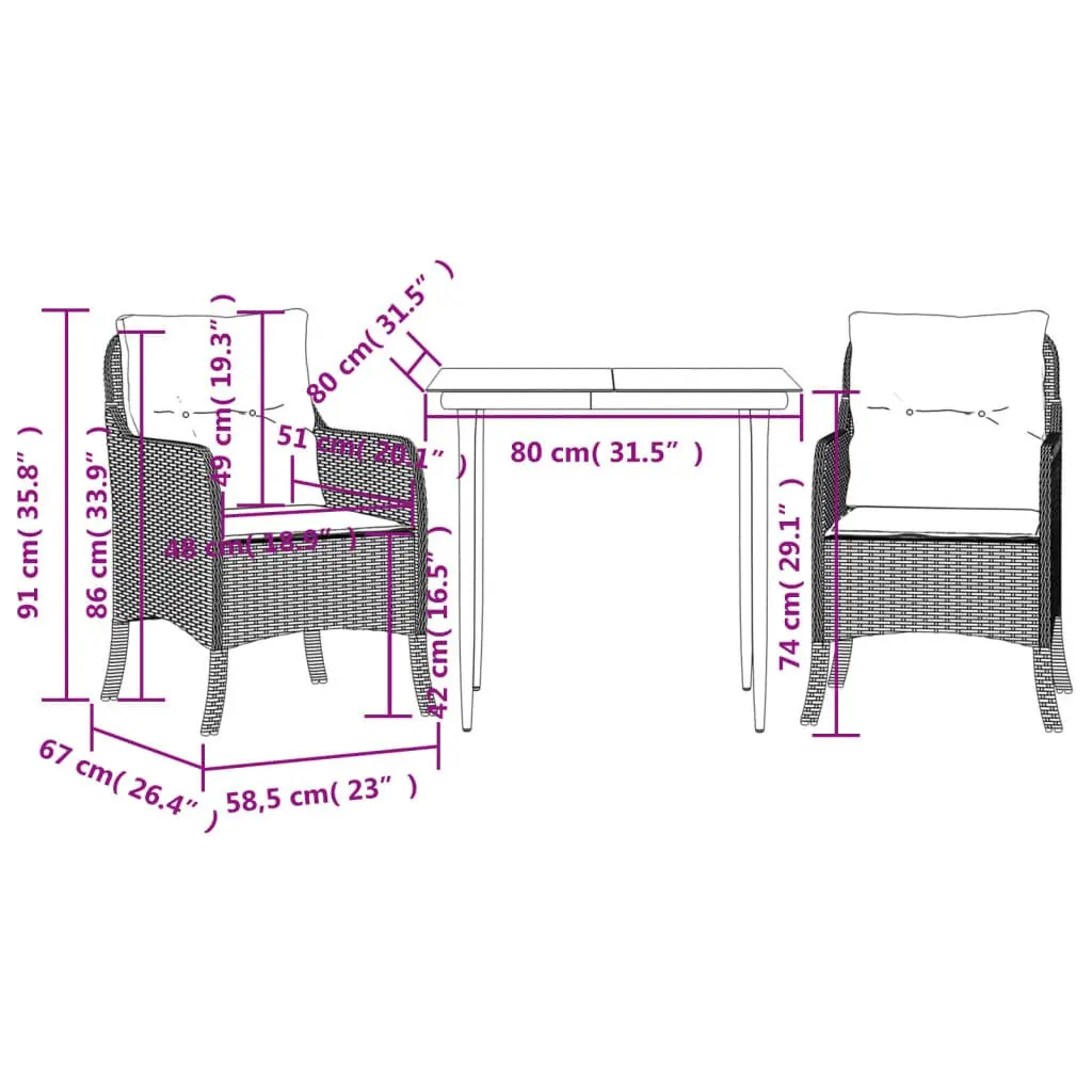3 Piece Garden Dining Set Black PE Rattan with Cushions Outdoor Furniture