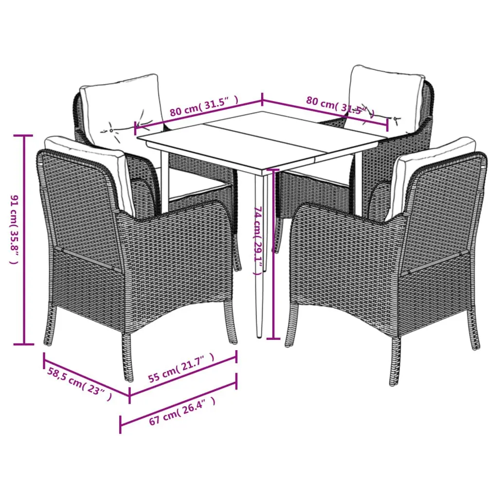 5 Piece Outdoor Dining Set Black Rattan Furniture Cushioned Patio Table Chairs