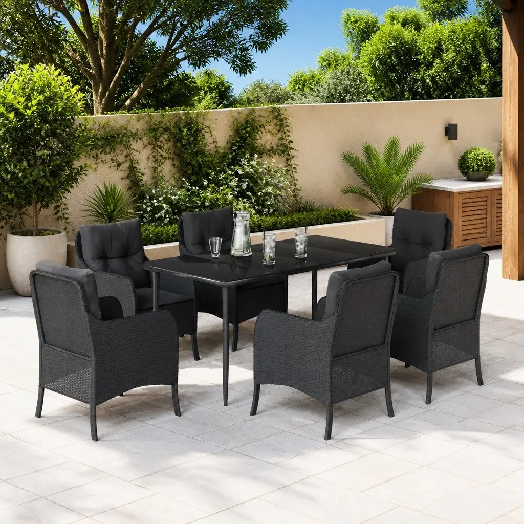Outdoor Dining Set PE Rattan 7 Piece Garden Patio Furniture with Cushions Black
