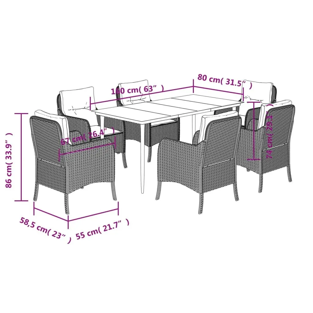 Outdoor Dining Set PE Rattan 7 Piece Garden Patio Furniture with Cushions Black