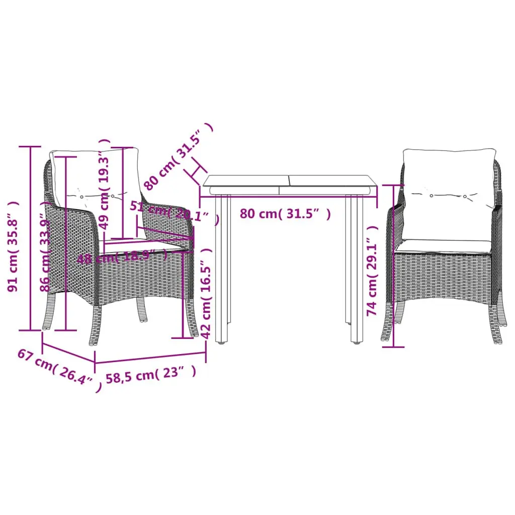 Outdoor Dining Set 3 Piece Garden Furniture Black Poly Rattan with Cushions