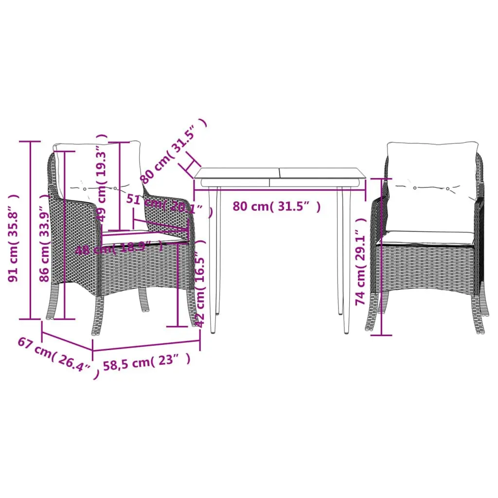 Garden Dining Set 3 Piece Outdoor Furniture with Cushions Grey Patio Rattan