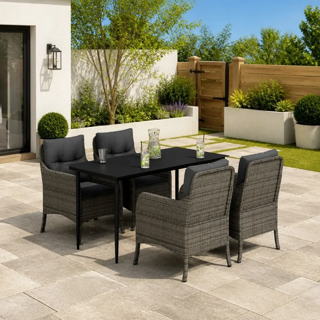 Outdoor Dining Set 5 Piece PE Rattan Frame Tempered Glass Top Grey