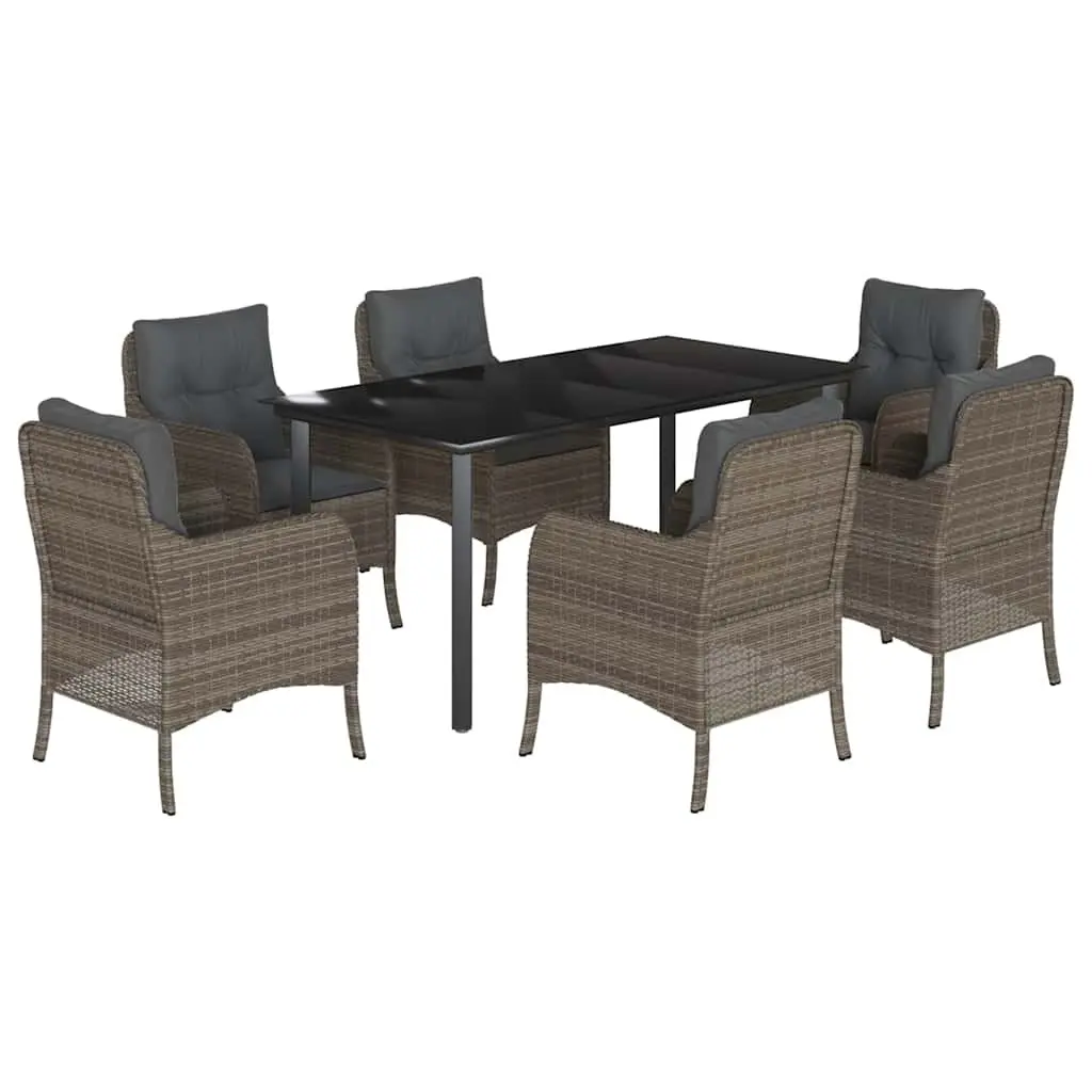 7 Piece Grey Patio Dining Set Outdoor Furniture Table with Glass Top and Cushioned Chairs