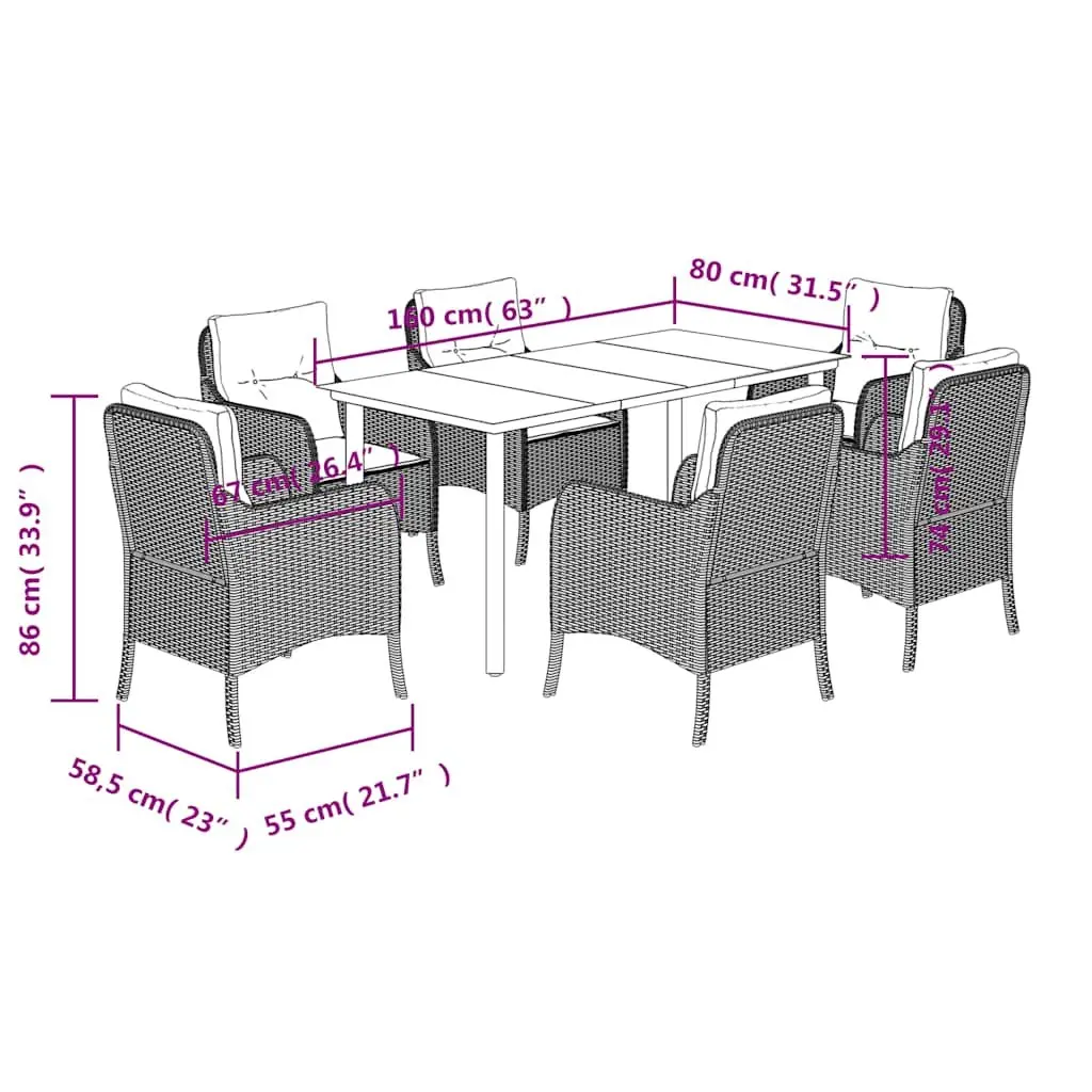 7 Piece Grey Patio Dining Set Outdoor Furniture Table with Glass Top and Cushioned Chairs