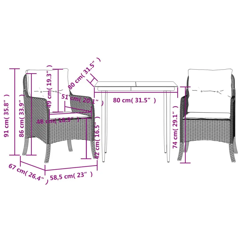 Outdoor Dining Set Poly Rattan 3 Piece Beige with Cushions