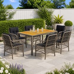7 Piece Outdoor Dining Set Grey Poly Rattan Garden Furniture with Cushions Patio