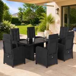 7 Piece Outdoor Garden Dining Set Black Poly Rattan with Cushions Patio