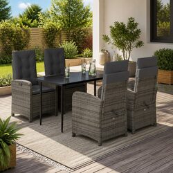 5-Piece Garden Dining Set with Cushions Grey Poly Rattan Outdoor Furniture Patio