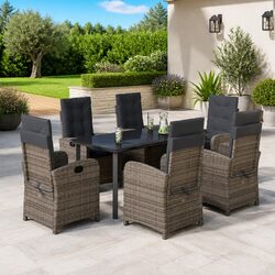 Outdoor Garden Dining Set 7 Piece Grey Poly Rattan Patio Furniture with Cushions