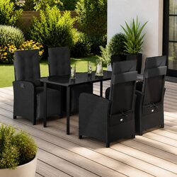 5 Piece Outdoor Garden Dining Set Black Poly Rattan Chairs Table Cushions