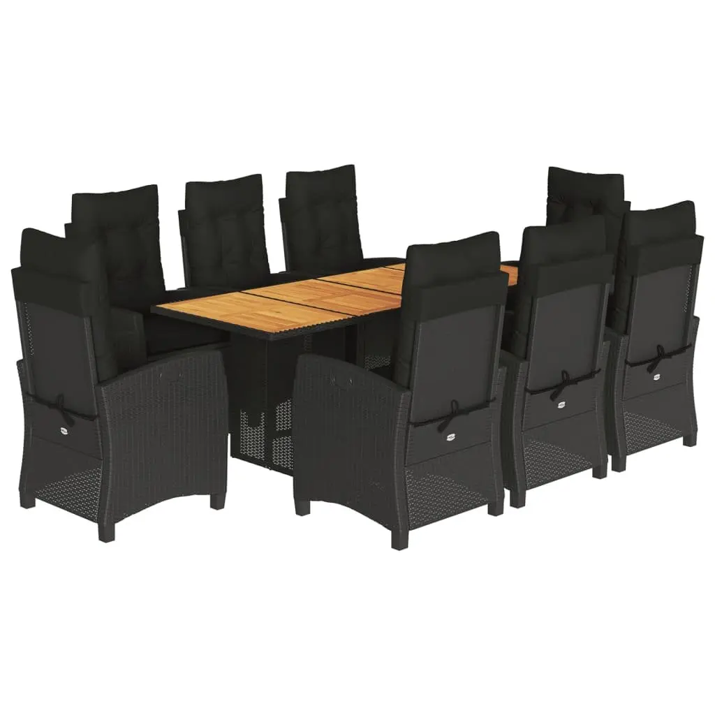 9 Piece Outdoor Dining Set Black PE Rattan with Acacia Wood Tabletop and Cushions