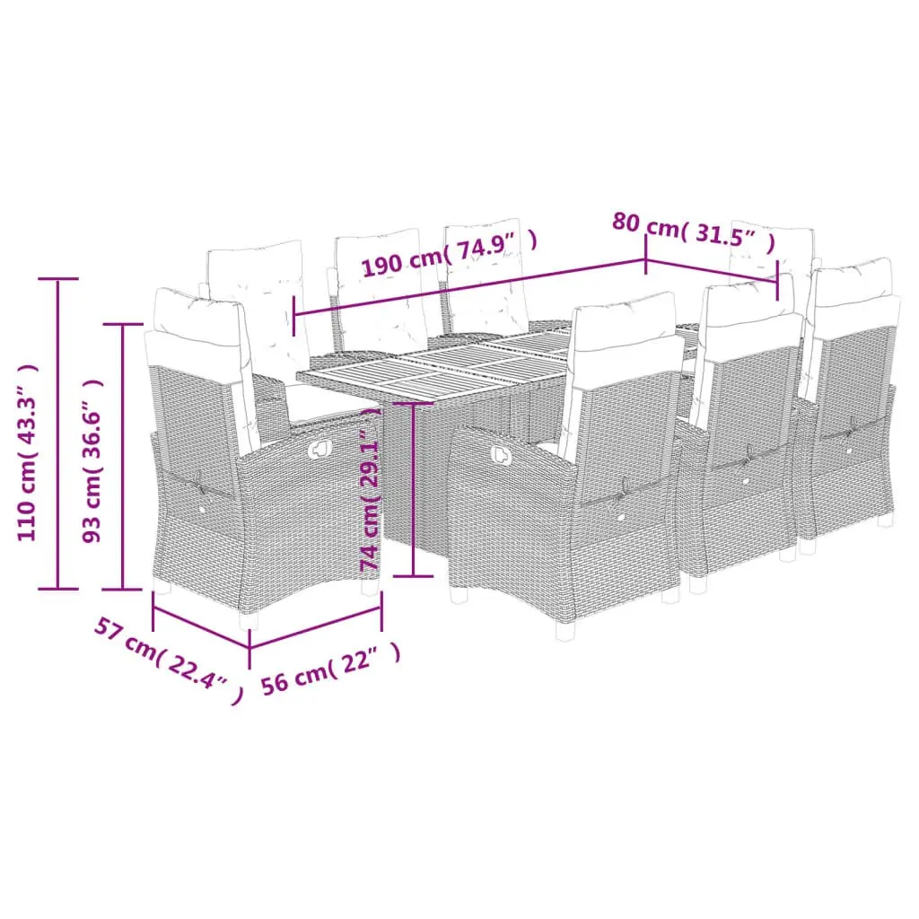 9 Piece Outdoor Dining Set Black PE Rattan with Acacia Wood Tabletop and Cushions