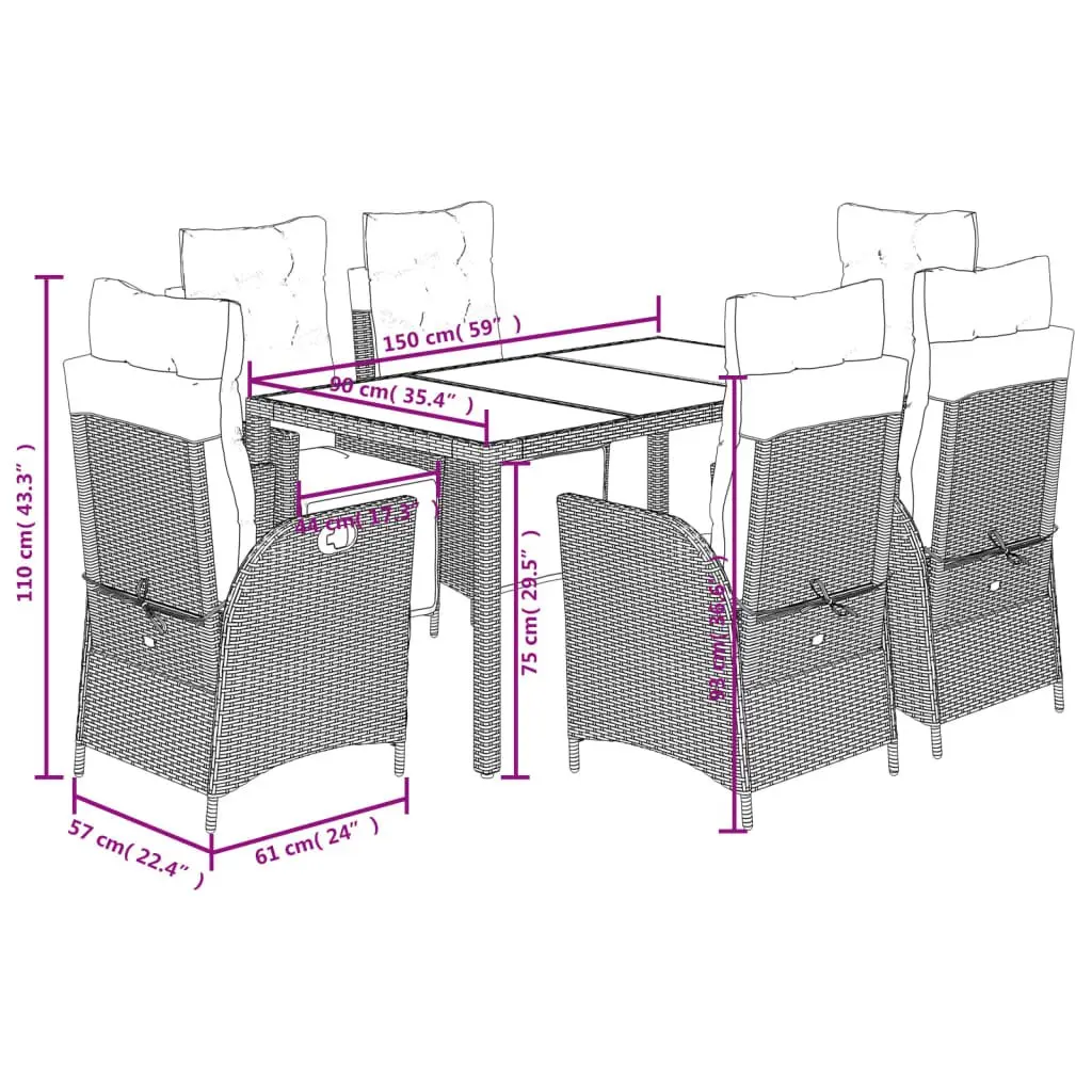 7 Piece Outdoor Dining Set Grey Poly Rattan Cushioned Garden Patio Furniture