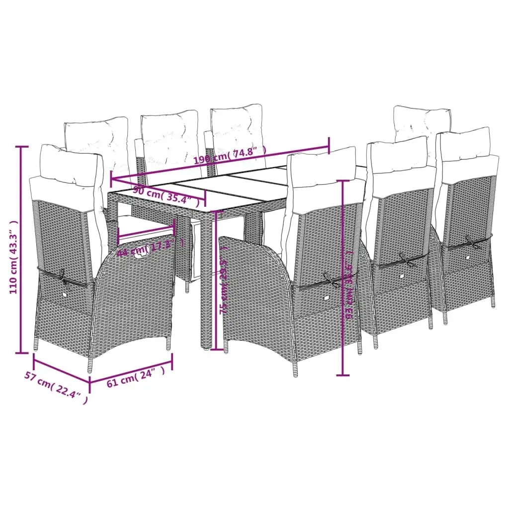 9 Piece Garden Dining Set PE Rattan Chairs Table Patio Grey
