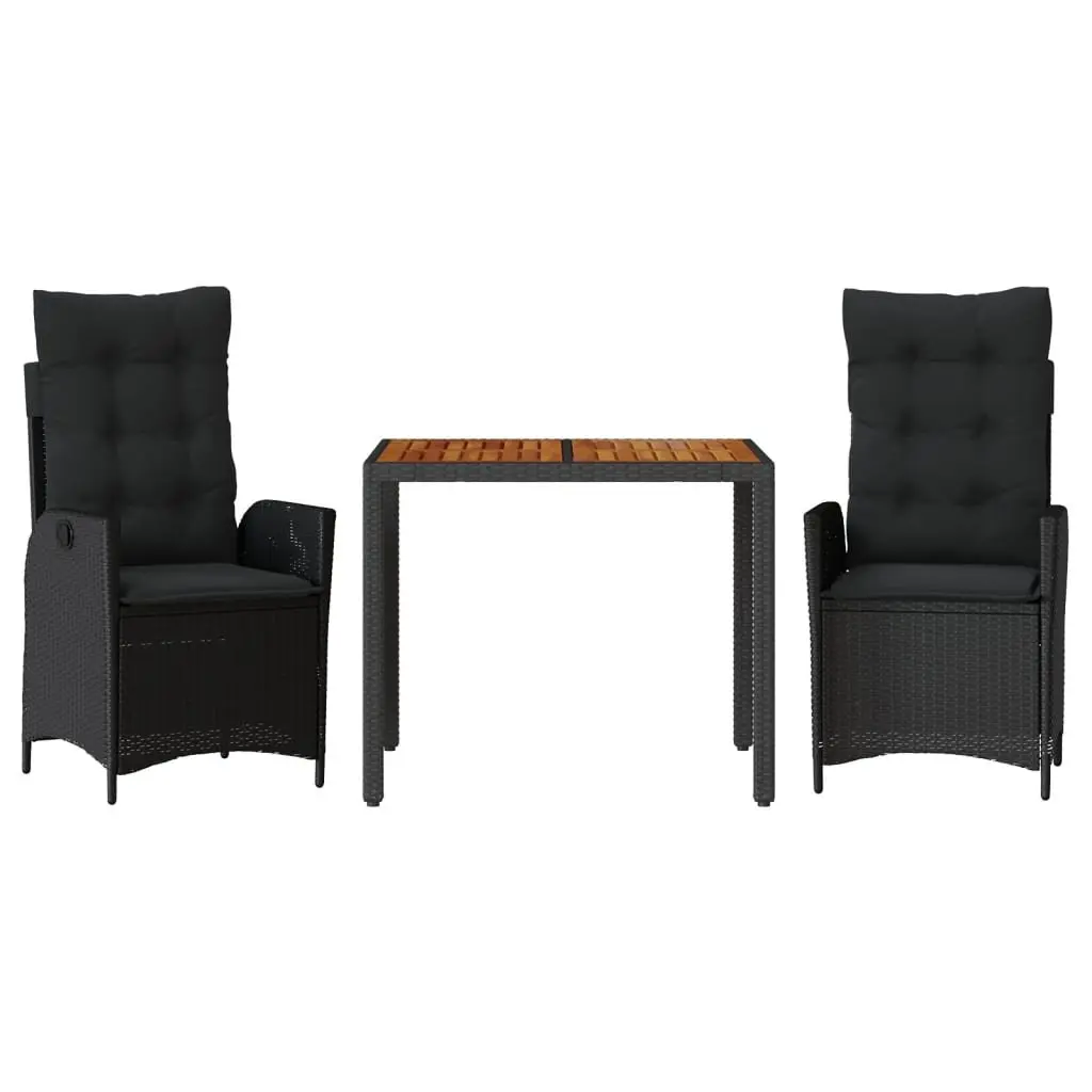 Garden Dining Set PE Rattan 3 Piece Outdoor Patio Furniture with Adjustable Backrest Cushions Black