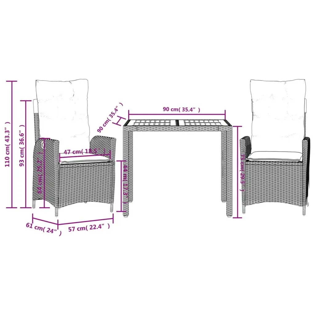 Garden Dining Set PE Rattan 3 Piece Outdoor Patio Furniture with Adjustable Backrest Cushions Black