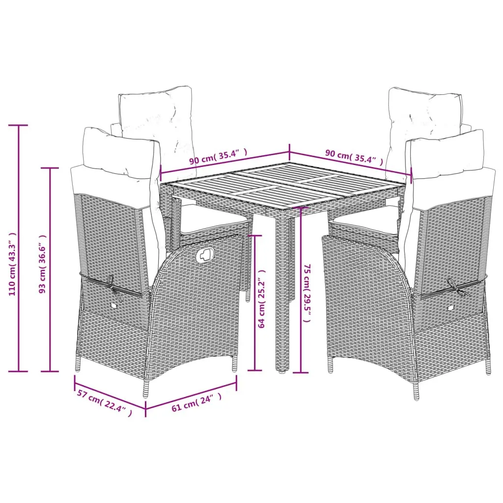 5 Piece Garden Dining Set PE Rattan Chairs Acacia Wood Table Black