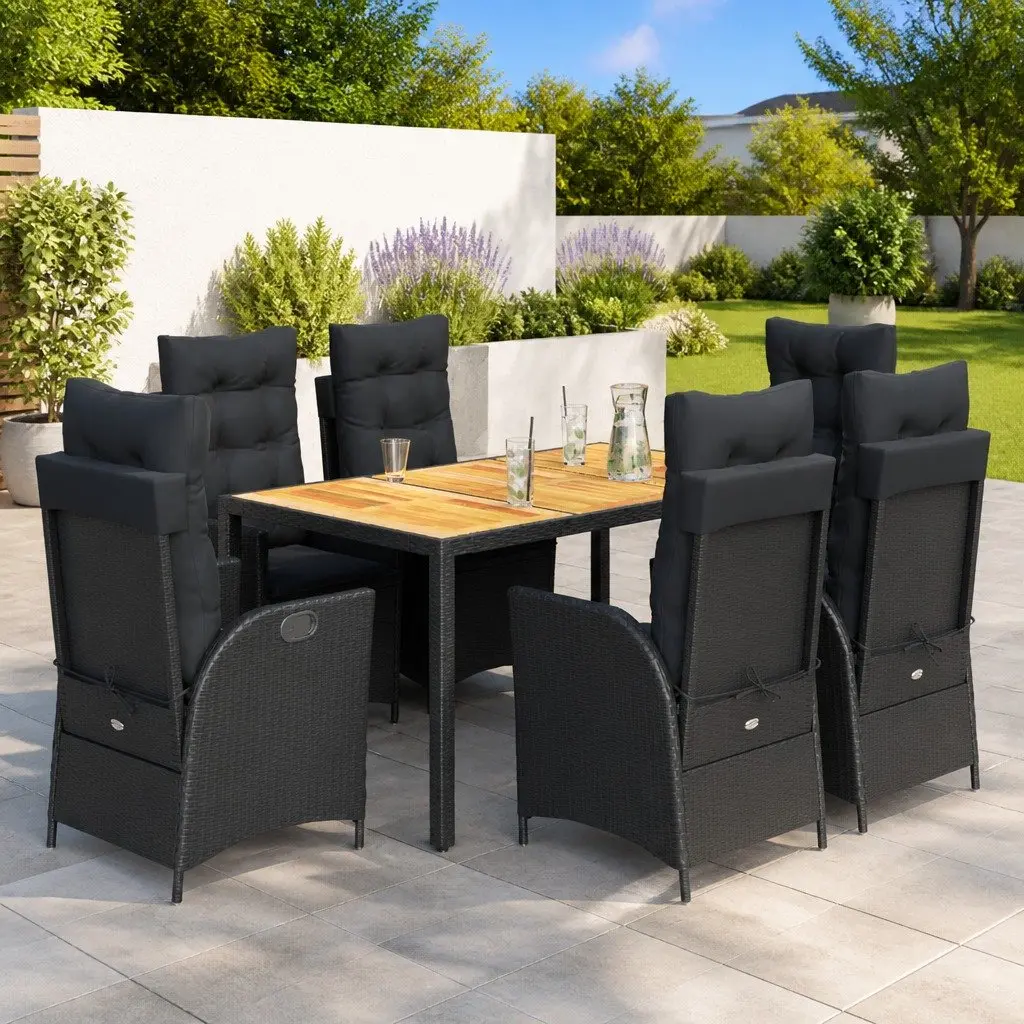 7 Piece Garden Dining Set Poly Rattan Acacia Wood Table Black