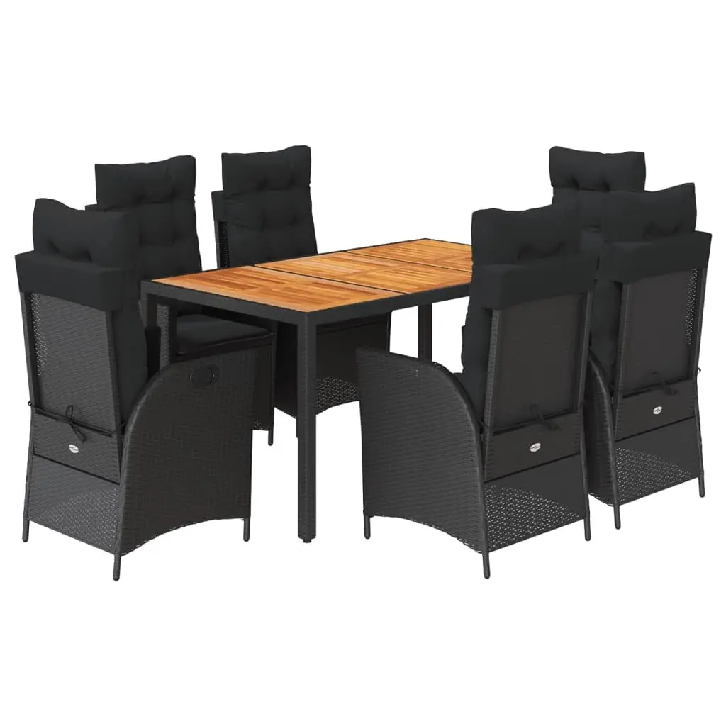 7 Piece Garden Dining Set Poly Rattan Acacia Wood Table Black