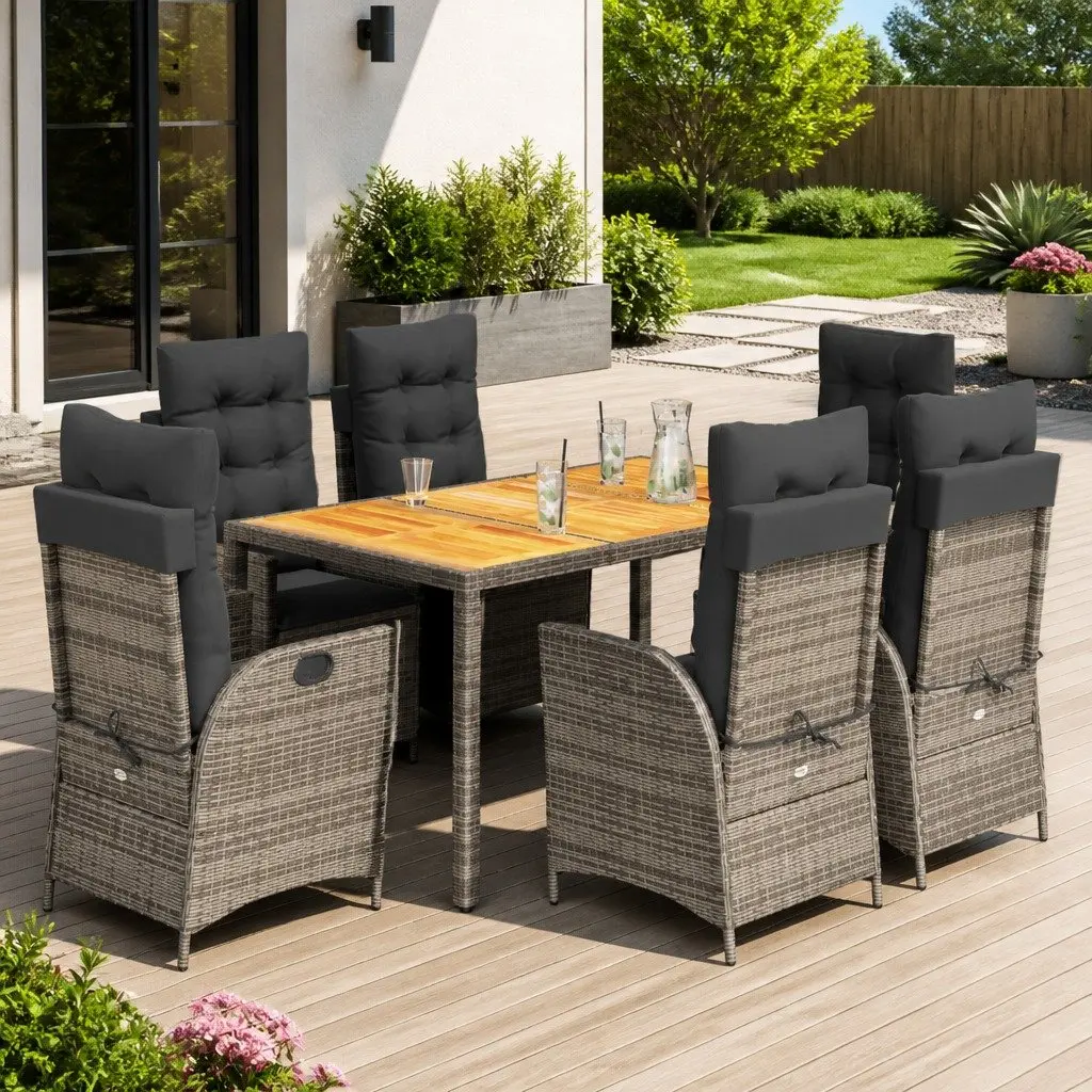 7 Piece Garden Dining Set PE Rattan Acacia Wood Table Grey
