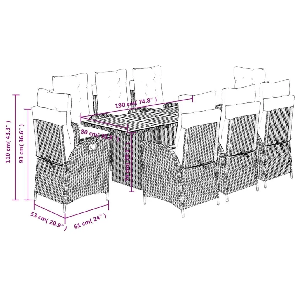 9 Piece Outdoor Dining Set PE Rattan Acacia Wood Black with Cushions