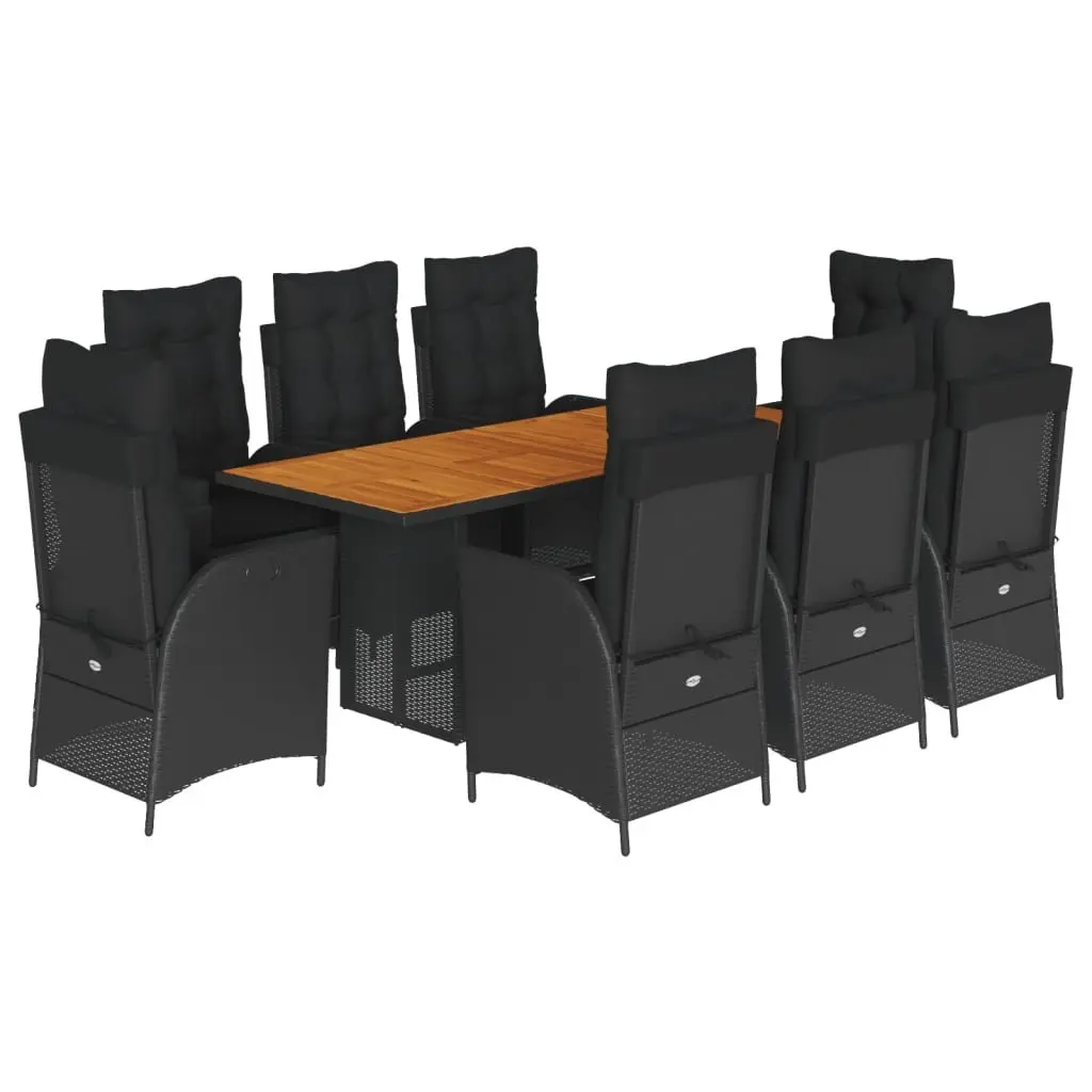 Garden Dining Set 9 Piece PE Rattan Outdoor Furniture Black with Acacia Wood Table and Cushions