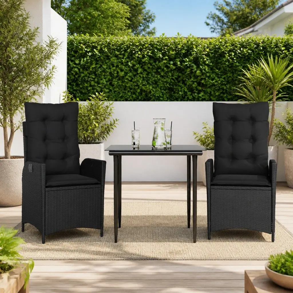 Outdoor Furniture Set 3 Piece Black PE Rattan Dining with Cushions and Glass Top