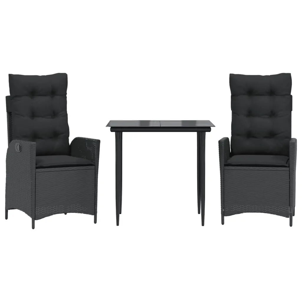 Outdoor Furniture Set 3 Piece Black PE Rattan Dining with Cushions and Glass Top