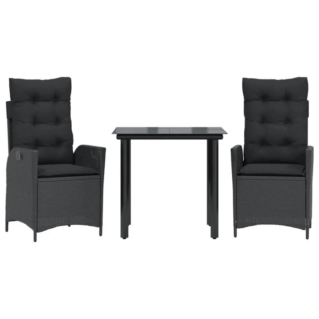 3 Piece Black Poly Rattan Garden Furniture Set Outdoor Dining Table with Adjustable Backrest Chairs and Cushions