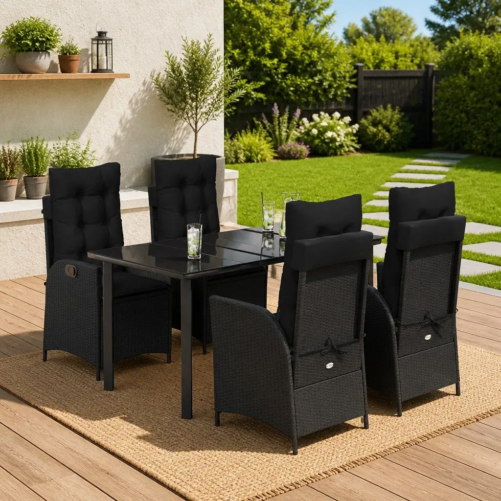 5 Piece Garden Furniture Set Black PE Rattan Dining Set with Cushions and Tempered Glass Table