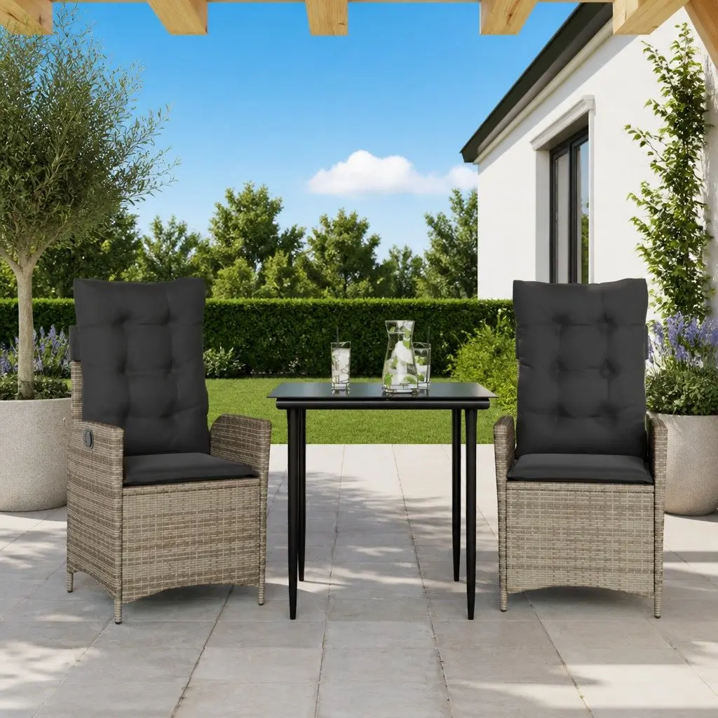 3 Piece Outdoor Furniture Set Grey PE Rattan Dining with Cushions and Tempered Glass Table