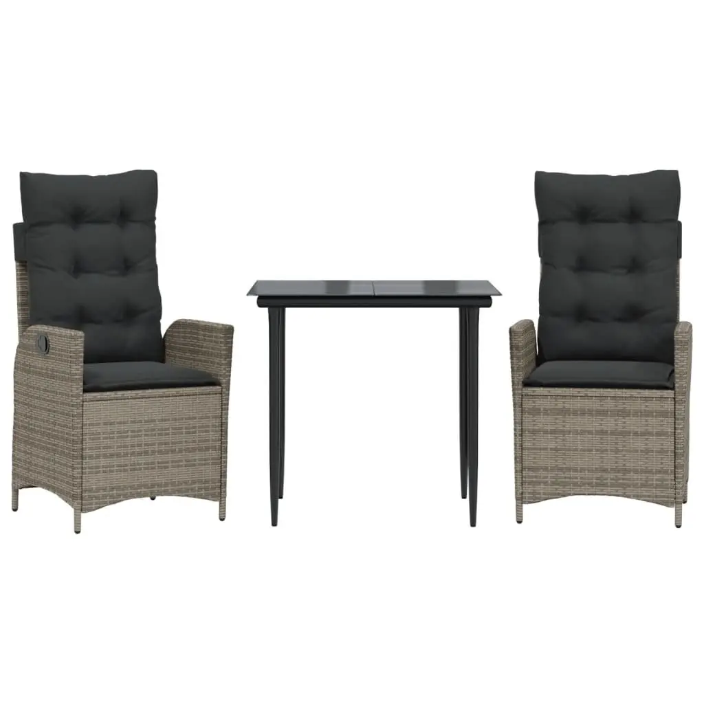 3 Piece Outdoor Furniture Set Grey PE Rattan Dining with Cushions and Tempered Glass Table