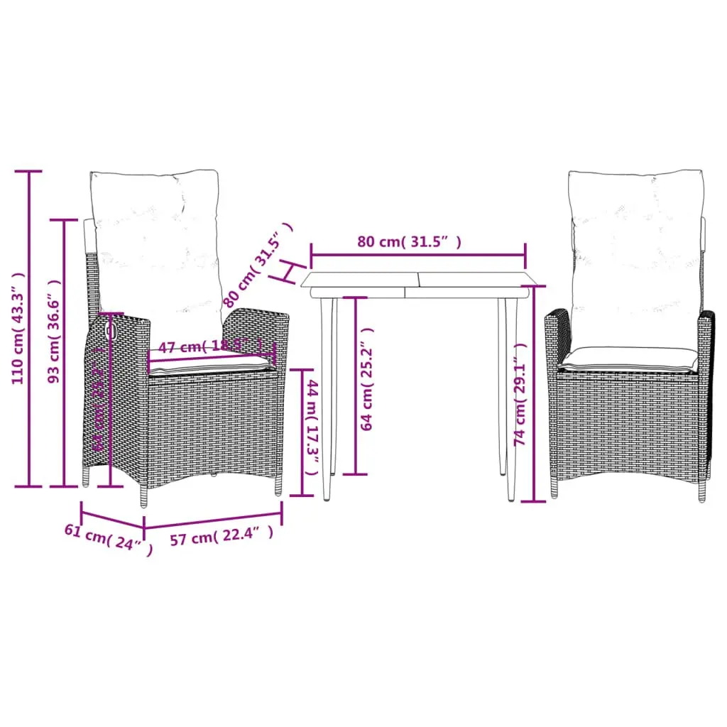 3 Piece Outdoor Furniture Set Grey PE Rattan Dining with Cushions and Tempered Glass Table