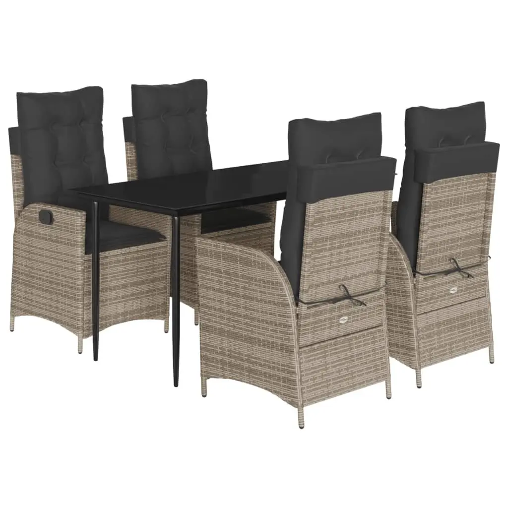 5 Piece Outdoor Dining Set Grey PE Rattan Furniture with Cushions and Tempered Glass Tabletop