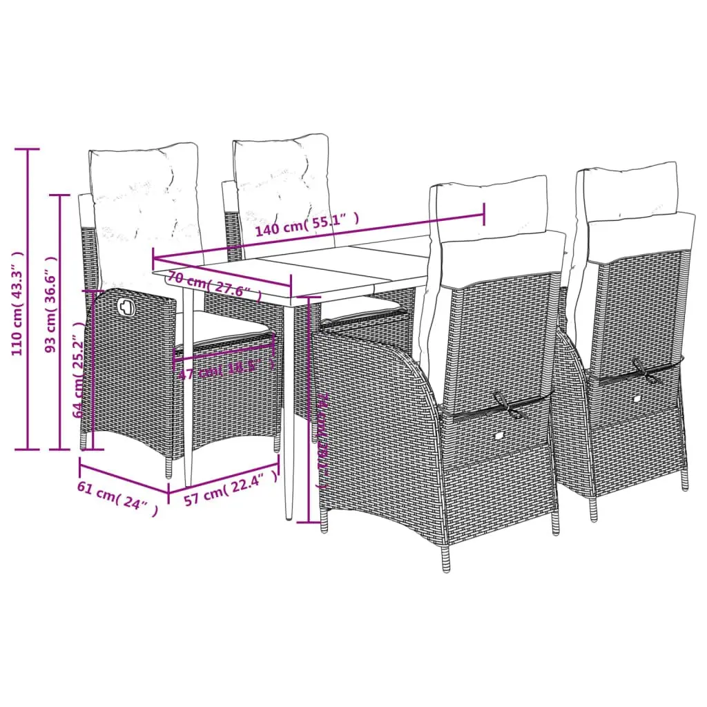 5 Piece Outdoor Dining Set Grey PE Rattan Furniture with Cushions and Tempered Glass Tabletop